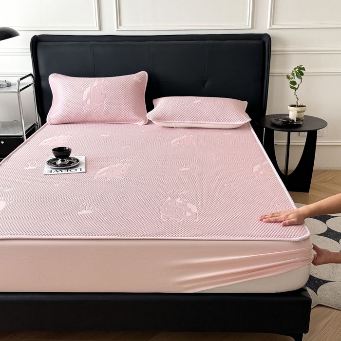 91家纺网 家纺一手货源 找家纺 卡罗兰 2026新款豆豆凉席PE提花豆豆席床单床笠款奶牛系列 粉色-床笠