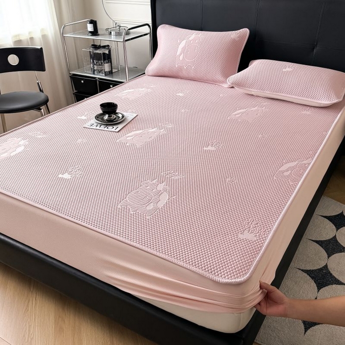 91家纺网 家纺一手货源 找家纺 卡罗兰 2026新款豆豆凉席PE提花豆豆席床单床笠款奶牛系列 粉色-床笠