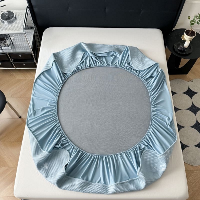 91家纺网 家纺一手货源 找家纺 卡罗兰 2026新款豆豆凉席PE提花豆豆席床单床笠款奶牛系列 蓝色-床笠