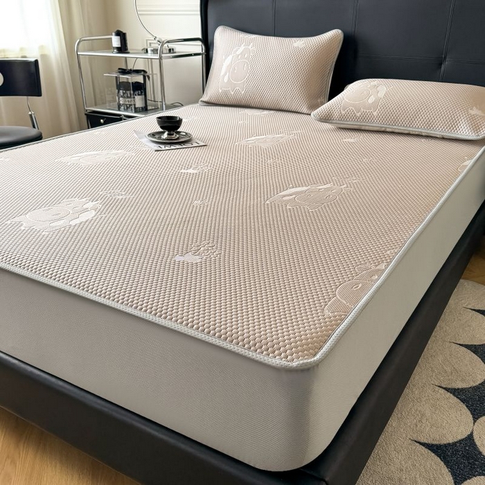 91家纺网 家纺一手货源 找家纺 卡罗兰 2026新款豆豆凉席PE提花豆豆席床单床笠款奶牛系列 咖色-床笠