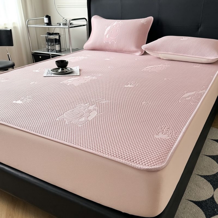 91家纺网 家纺一手货源 找家纺 卡罗兰 2026新款豆豆凉席PE提花豆豆席床单床笠款奶牛系列 粉色-床笠