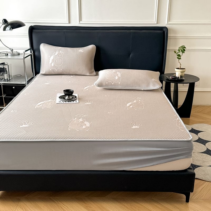 91家纺网 家纺一手货源 找家纺 卡罗兰 2026新款豆豆凉席PE提花豆豆席床单床笠款奶牛系列 咖色-床笠