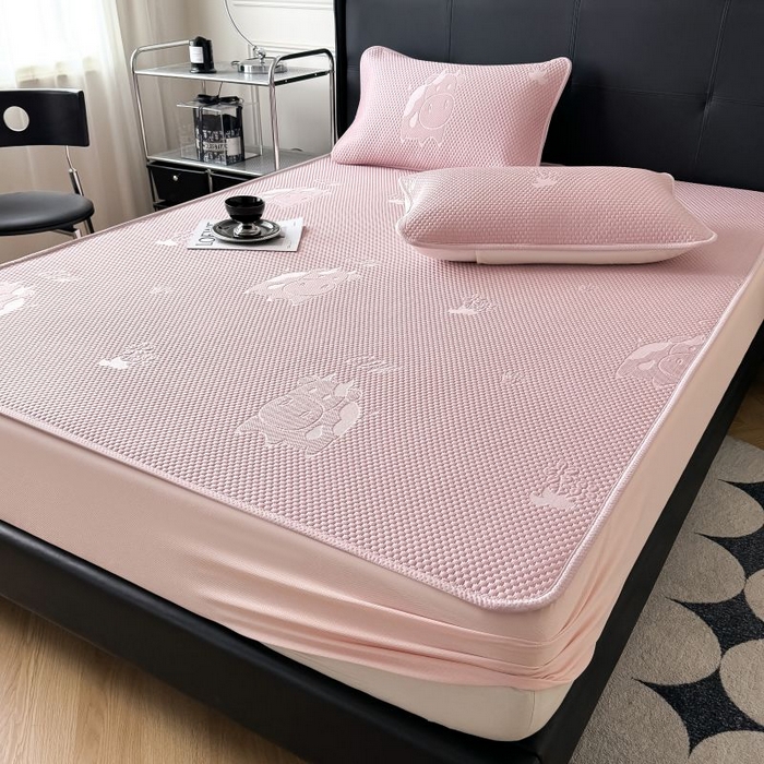 91家纺网 家纺一手货源 找家纺 卡罗兰 2026新款豆豆凉席PE提花豆豆席床单床笠款奶牛系列 粉色-床笠