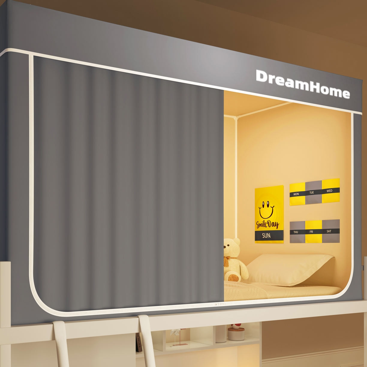 91家纺网 家纺一手货源 找家纺 宅部落 2026新款宅部落学生床帘宿舍上下铺印花无涂层强遮光学生蚊帐 纯色-灰色