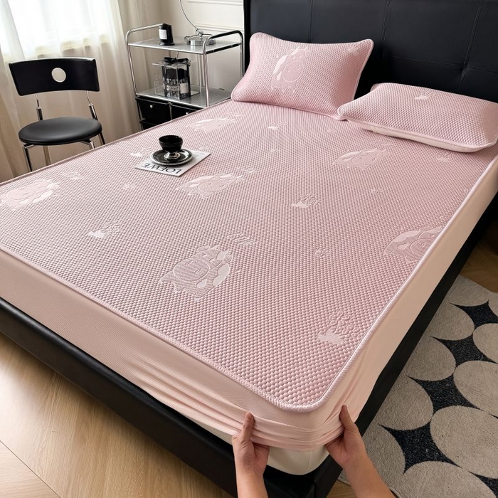 91家纺网 家纺一手货源 找家纺 卡罗兰 2026新款豆豆凉席PE提花豆豆席床单床笠款奶牛系列 粉色-床笠