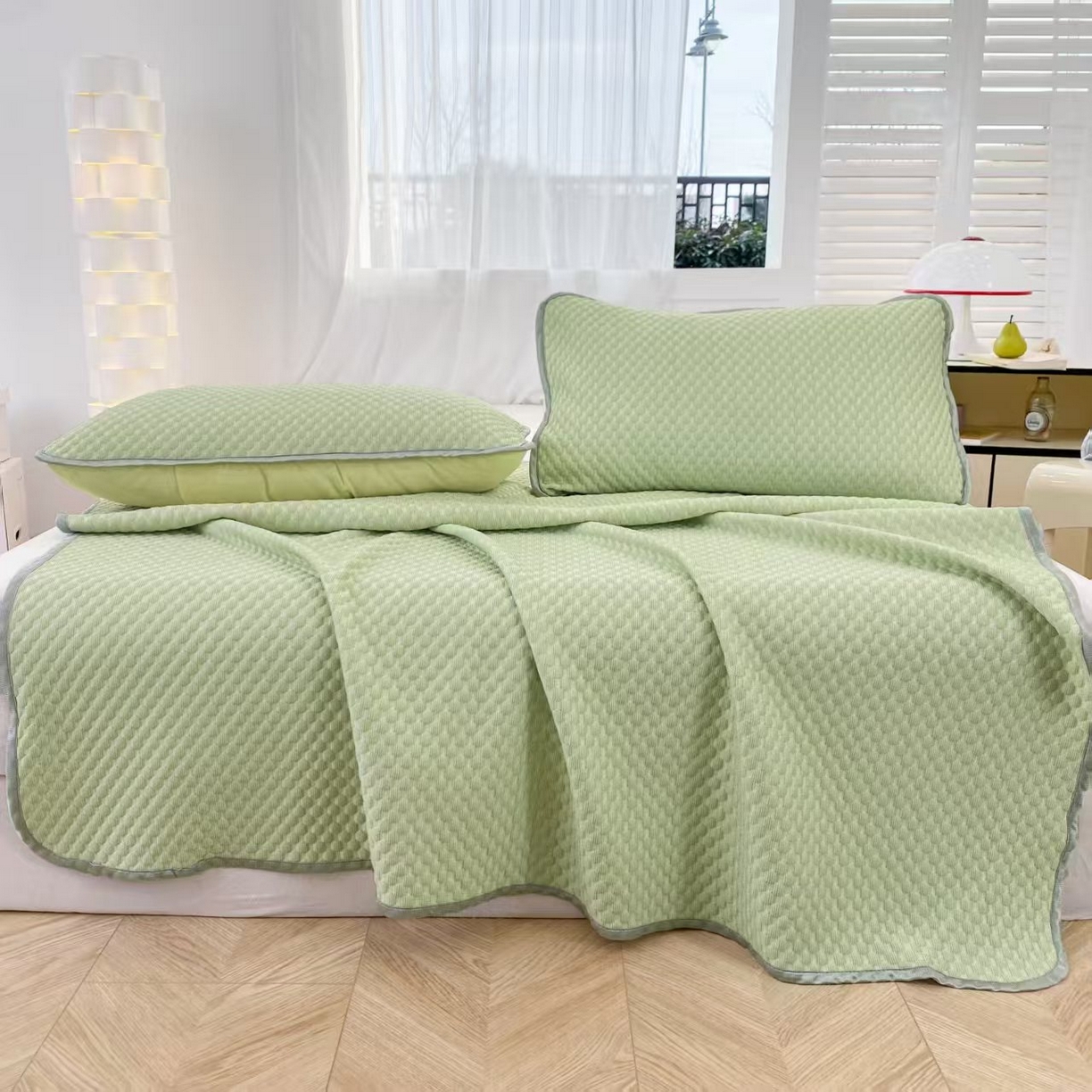 睡美美家纺 2026新款3D豆豆凉席冰丝席按摩席夏凉席床单床裙款三件套热销款 抹茶绿-床单款