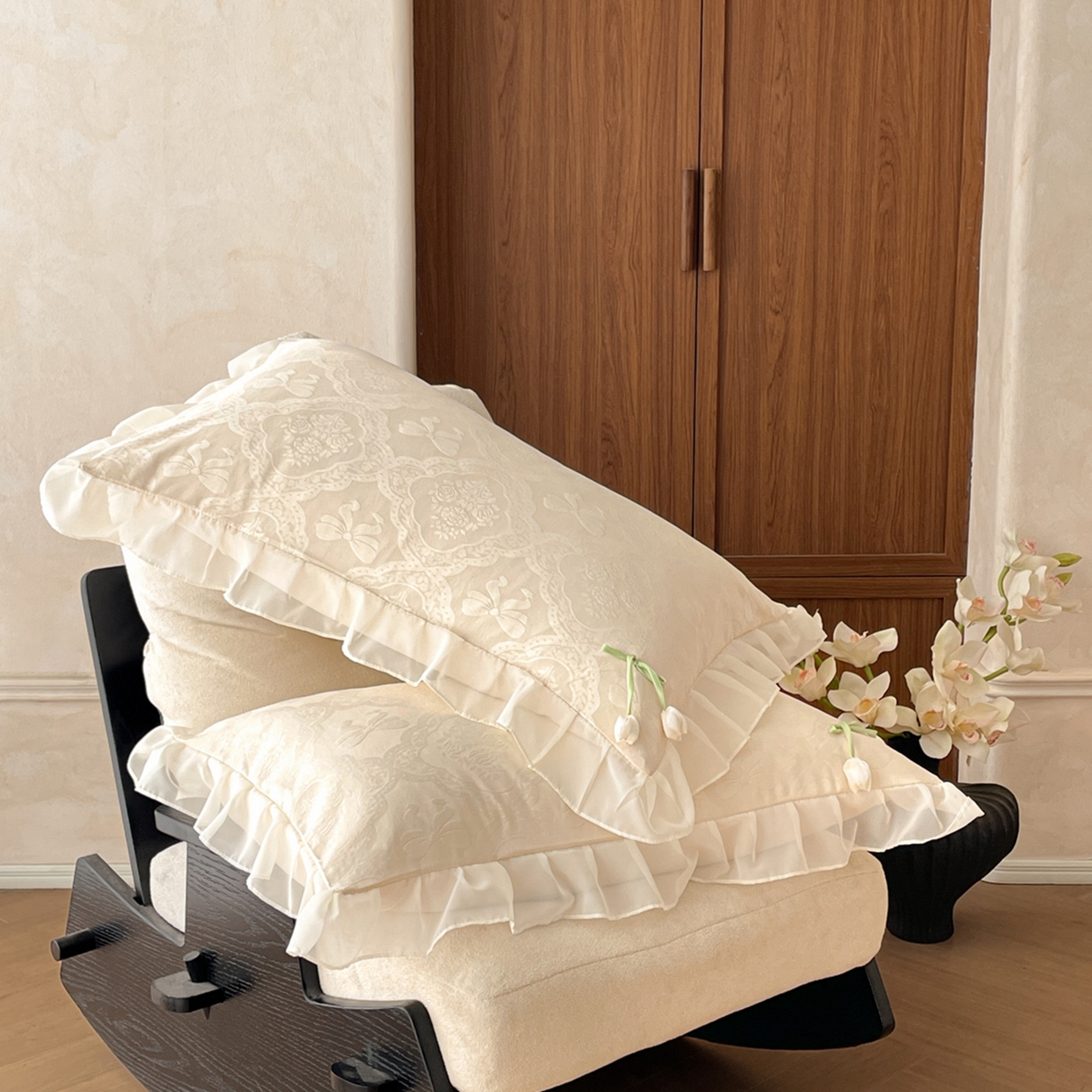 91家纺网 家纺一手货源 找家纺 易禾家纺 2026春夏新款提花水冼棉刺绣雪纺花边四件套-典雅 典雅-杏