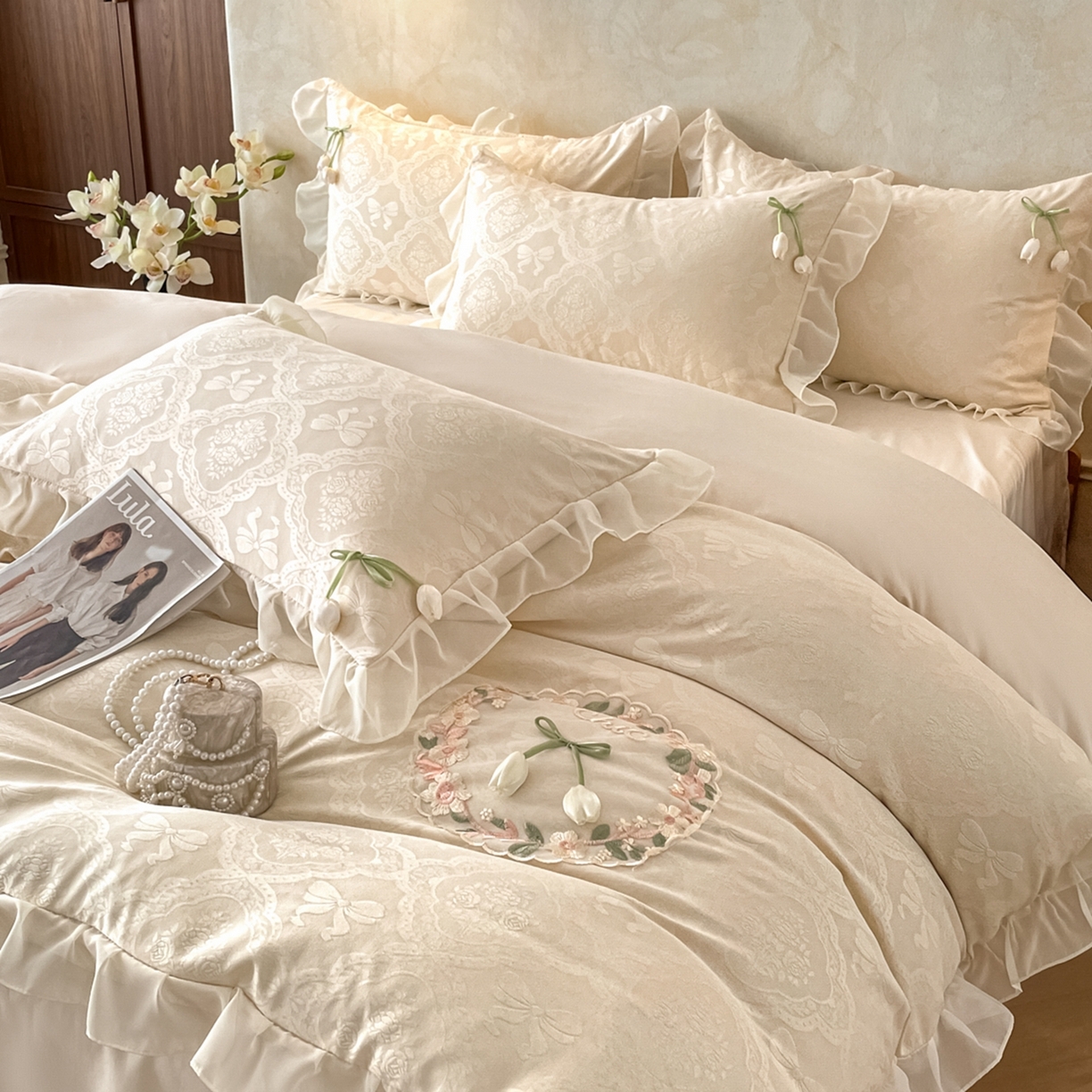 91家纺网 家纺一手货源 找家纺 易禾家纺 2026春夏新款提花水冼棉刺绣雪纺花边四件套-典雅 典雅-杏