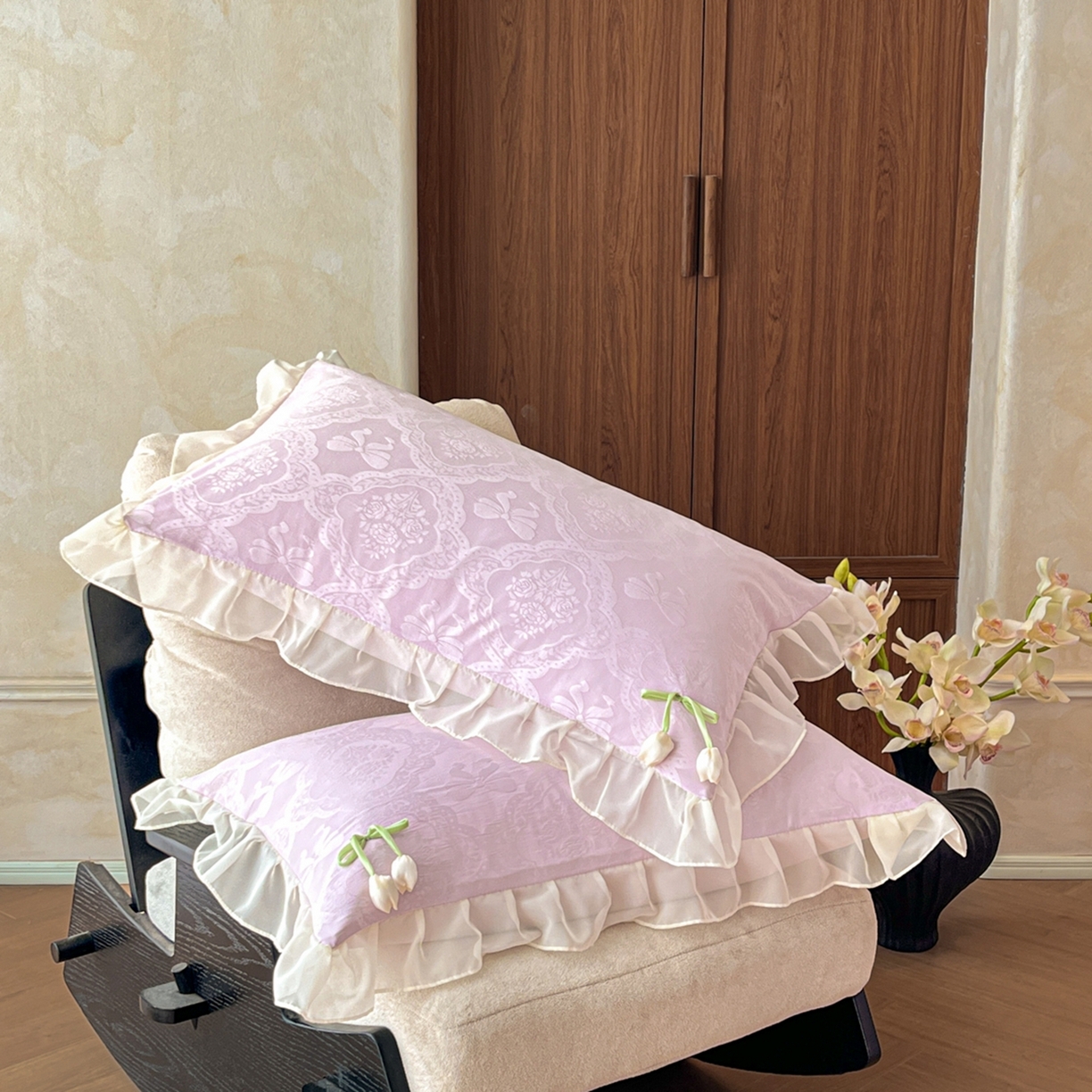 91家纺网 家纺一手货源 找家纺 易禾家纺 2026春夏新款提花水冼棉刺绣雪纺花边四件套-典雅 典雅-紫