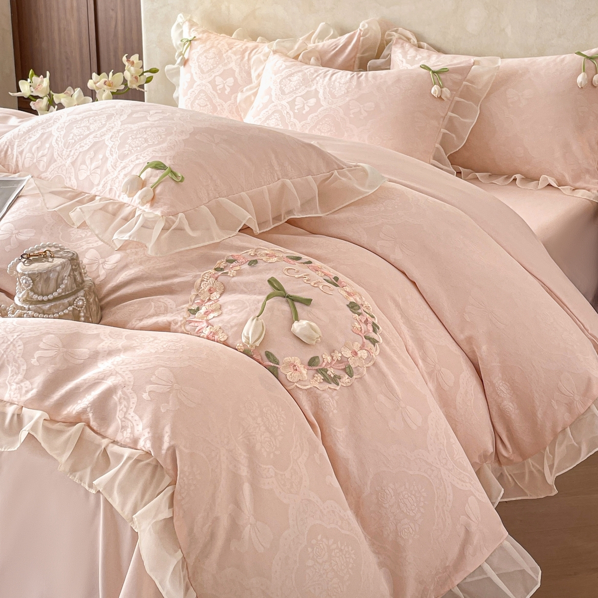 易禾家纺 2026春夏新款提花水冼棉刺绣雪纺花边四件套-典雅 典雅-玉