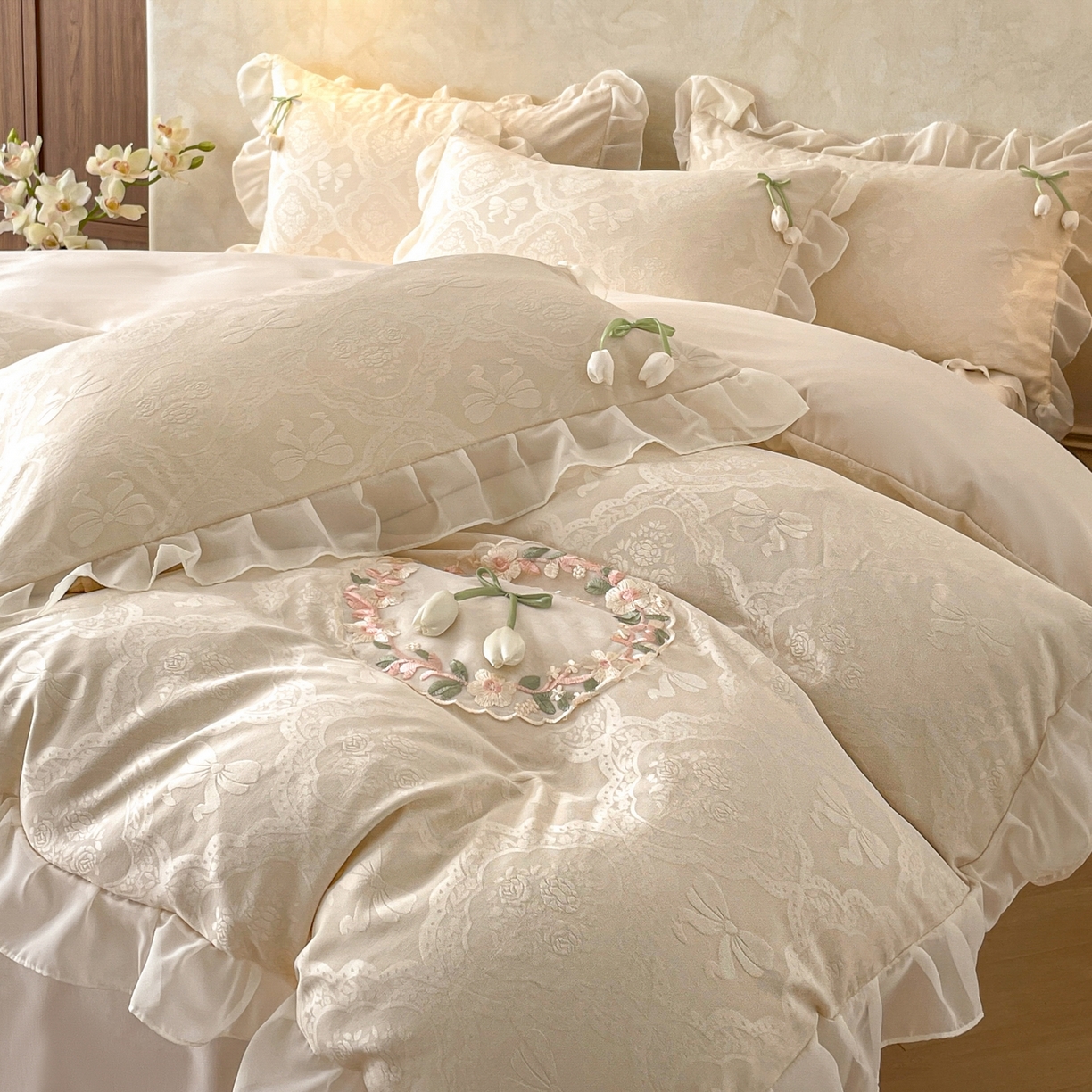 91家纺网 家纺一手货源 找家纺 易禾家纺 2026春夏新款提花水冼棉刺绣雪纺花边四件套-典雅 典雅-杏