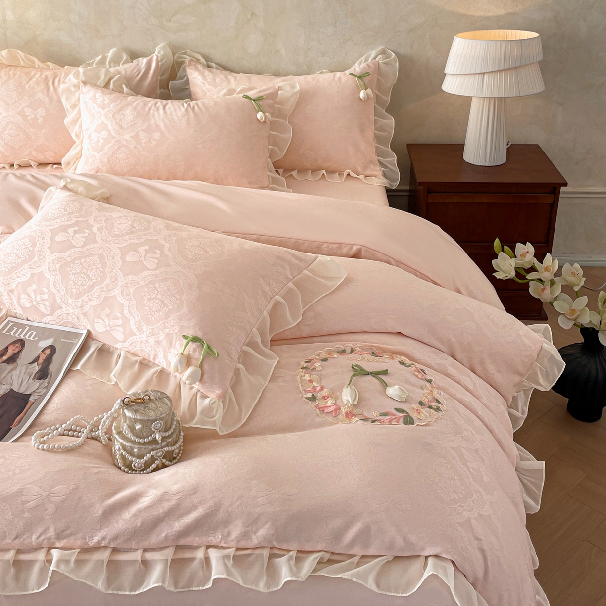 91家纺网 家纺一手货源 找家纺 易禾家纺 2026春夏新款提花水冼棉刺绣雪纺花边四件套-典雅 典雅-玉