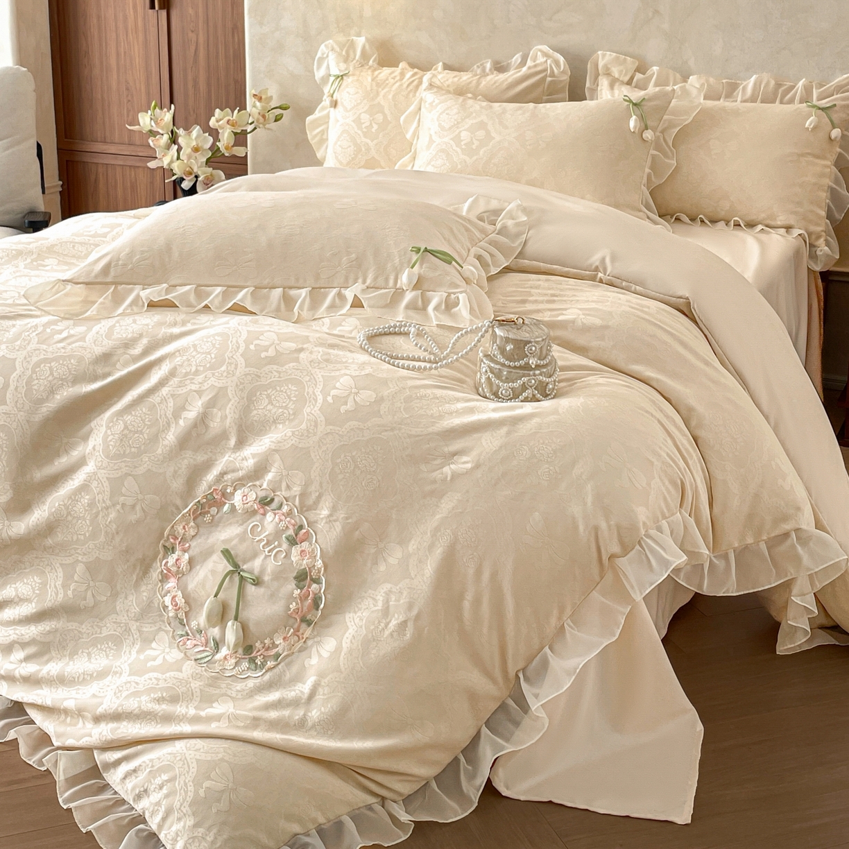 91家纺网 家纺一手货源 找家纺 （总）易禾家纺 2026春夏新款提花水冼棉刺绣雪纺花边四件套-典雅