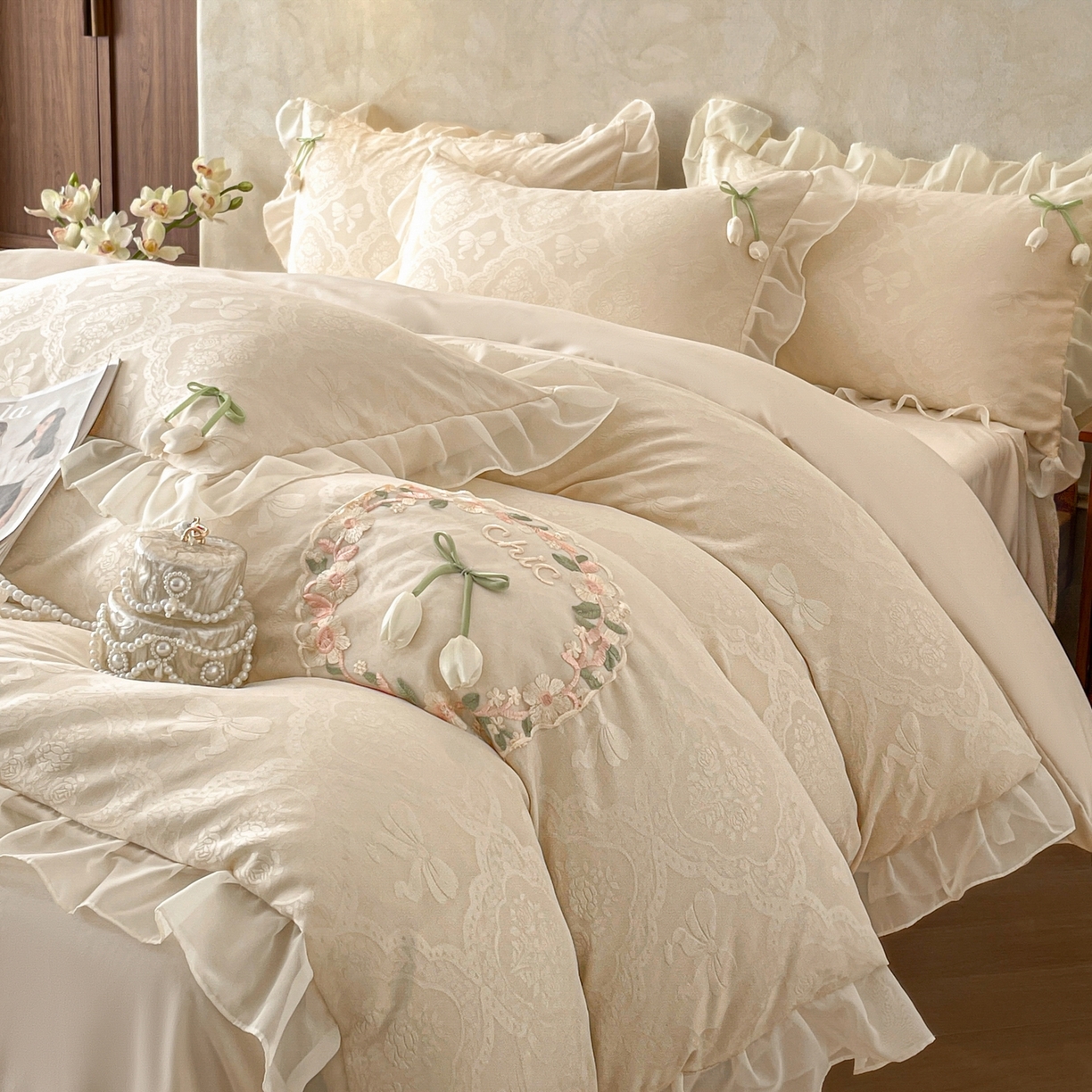 91家纺网 家纺一手货源 找家纺 （总）易禾家纺 2026春夏新款提花水冼棉刺绣雪纺花边四件套-典雅