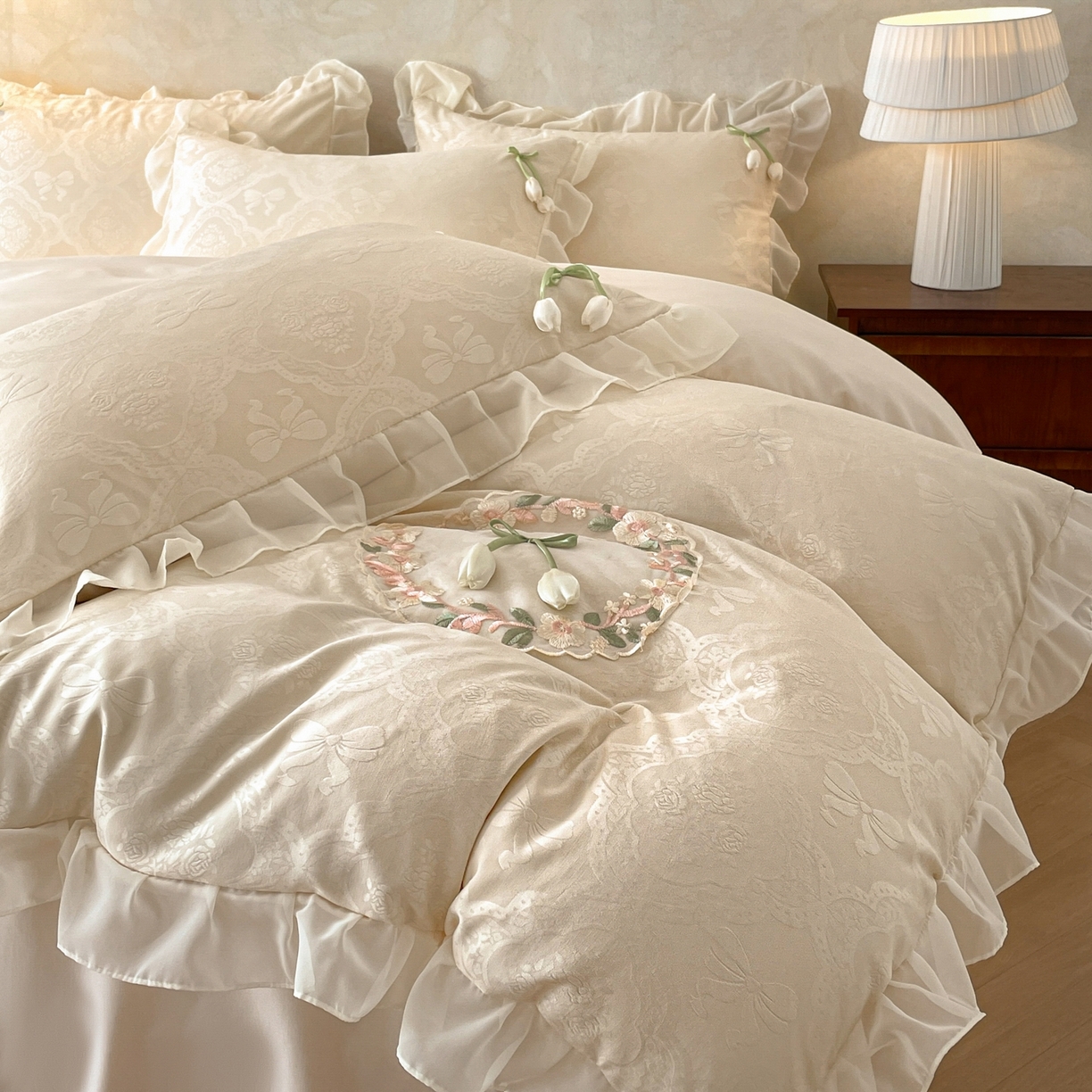 91家纺网 家纺一手货源 找家纺 易禾家纺 2026春夏新款提花水冼棉刺绣雪纺花边四件套-典雅 典雅-杏