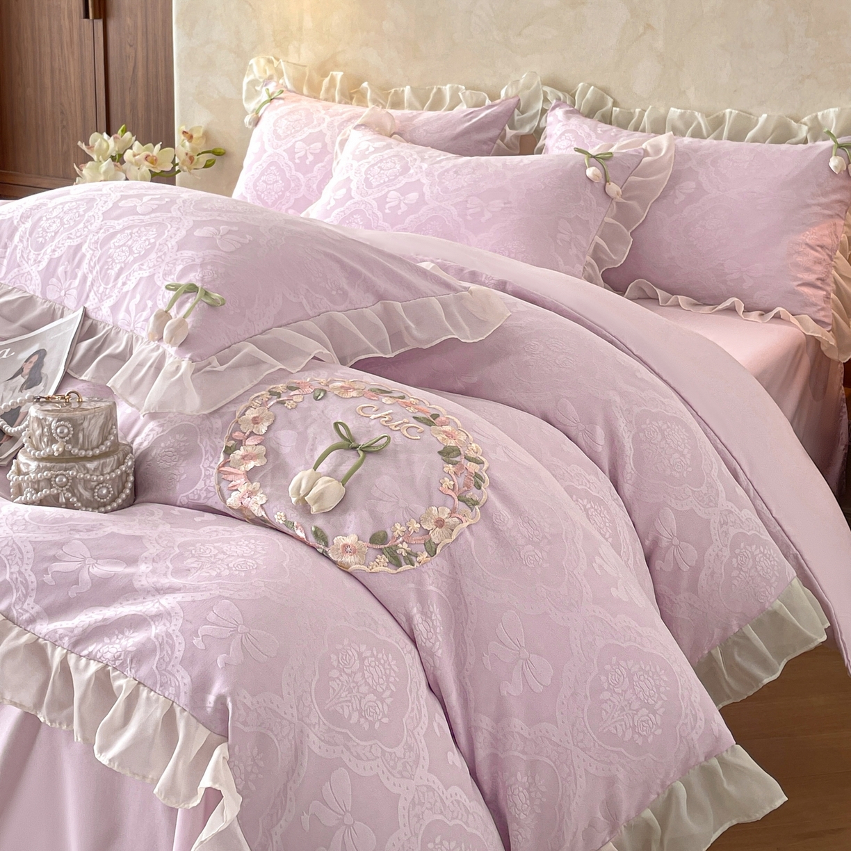 易禾家纺 2026春夏新款提花水冼棉刺绣雪纺花边四件套-典雅 典雅-紫