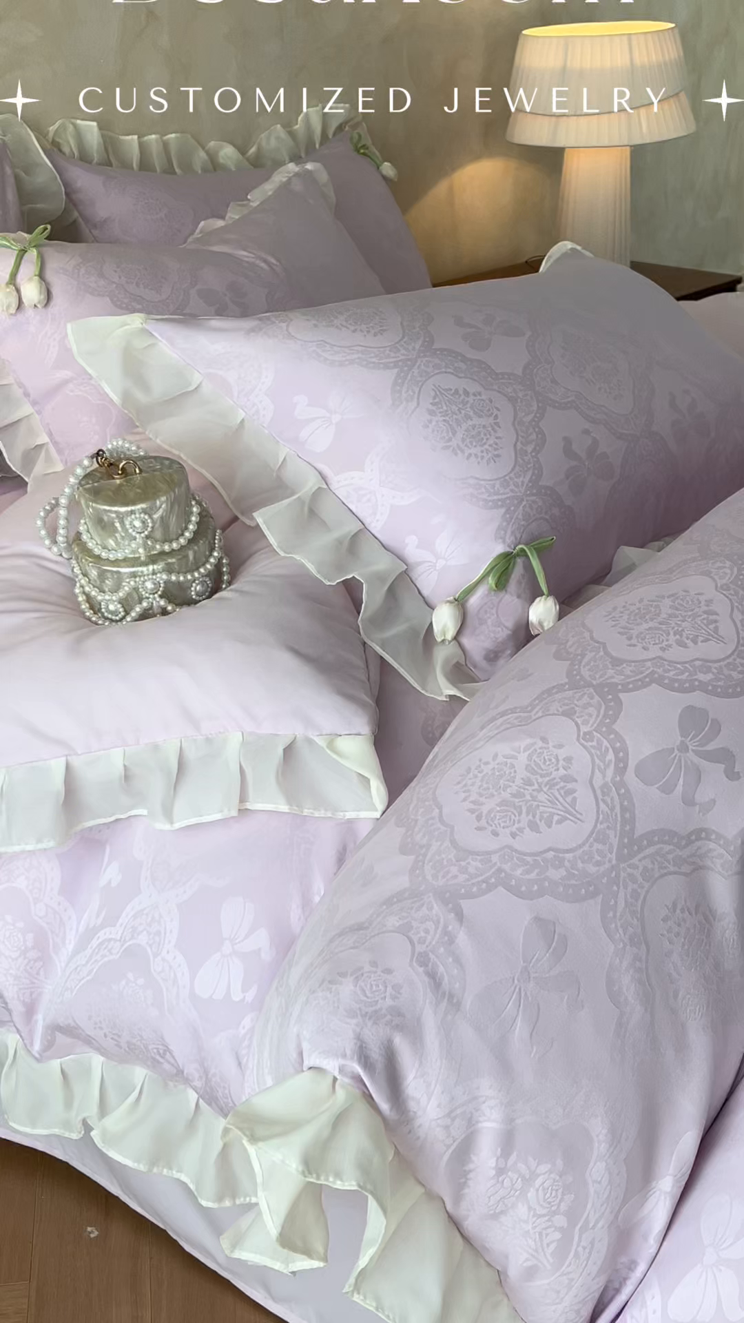 91家纺网 家纺一手货源 找家纺 易禾家纺 2026春夏新款提花水冼棉刺绣雪纺花边四件套-典雅 典雅-紫