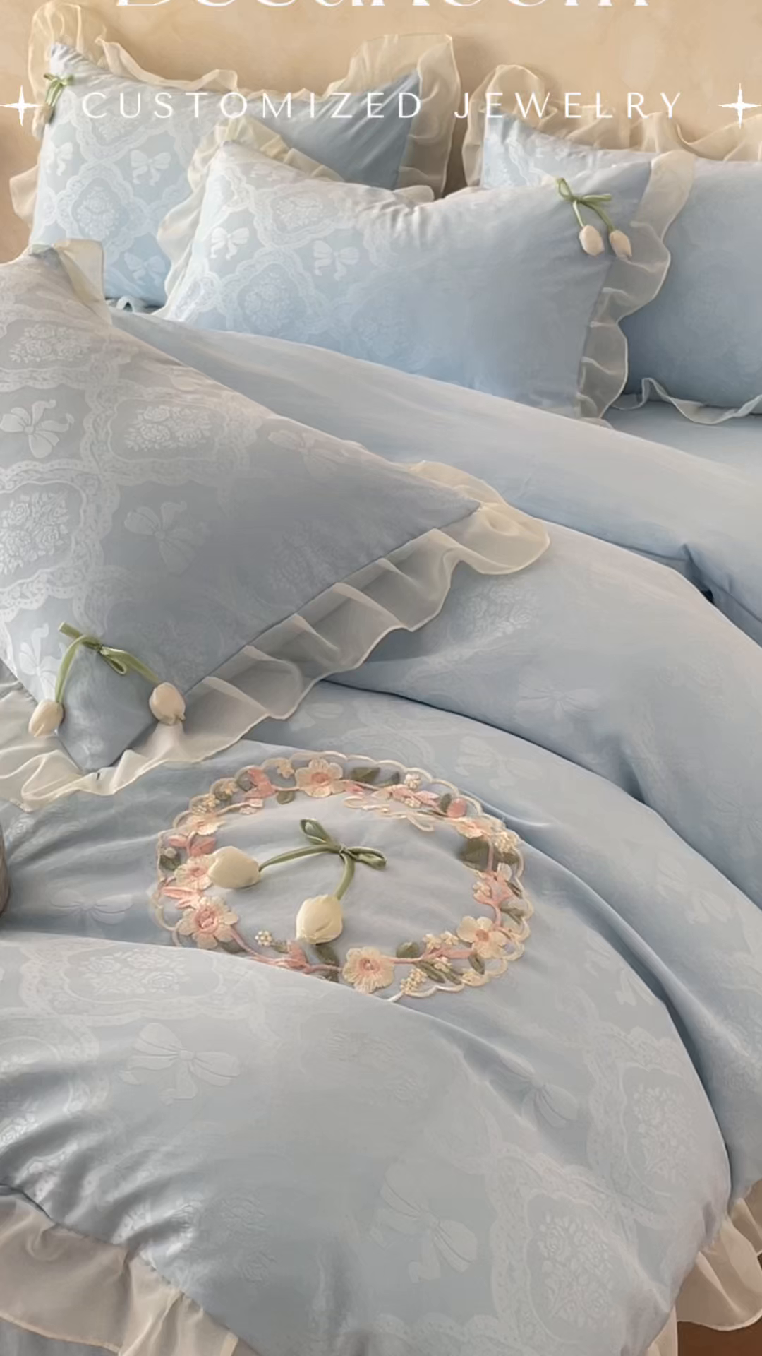 91家纺网 家纺一手货源 找家纺 易禾家纺 2026春夏新款提花水冼棉刺绣雪纺花边四件套-典雅 典雅-兰