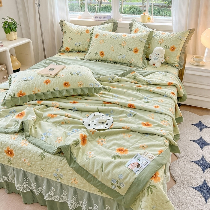 91家纺网 家纺一手货源 找家纺 （总）金梦家居 2025新款印花小竹棉花边夹棉床盖夏被四件套
