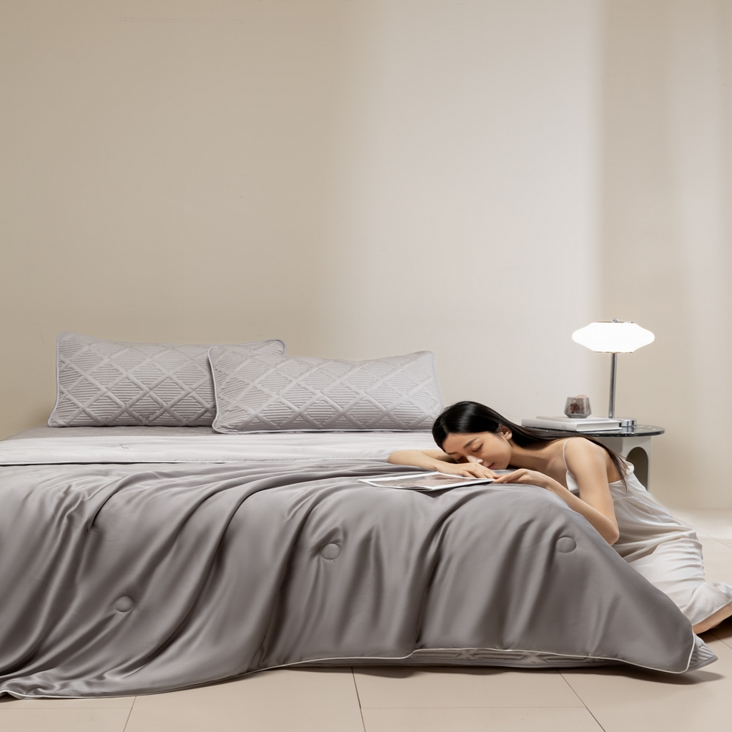 91家纺网 家纺一手货源 找家纺 吾秀家居 2026春夏新款双拼色莱赛尔天丝夏被夏凉被空调被-天纯系列 天丝-深浅灰