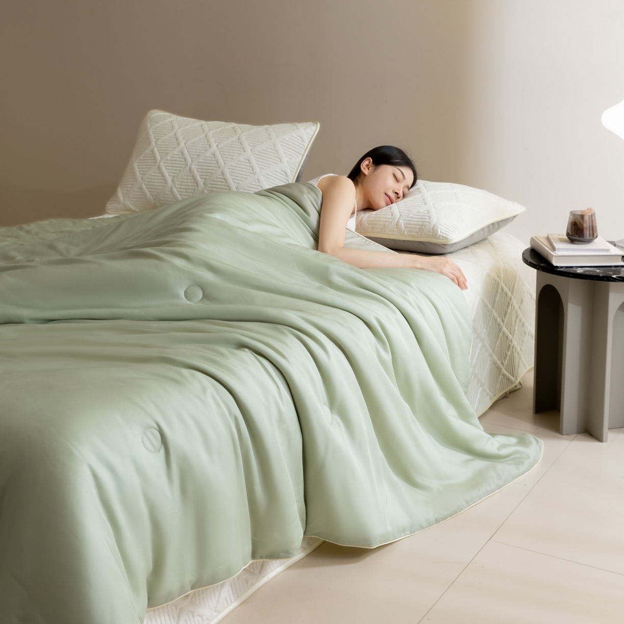 91家纺网 家纺一手货源 找家纺 吾秀家居 2026春夏新款双拼色莱赛尔天丝夏被夏凉被空调被-天纯系列 天丝-青草绿