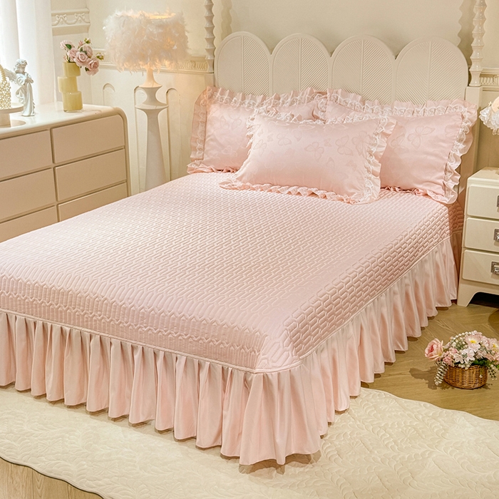 91家纺网 家纺一手货源 找家纺 优贝家纺 2026春夏新款提花水洗天丝冰丝天丝韩版夹棉床盖四件套 蝶舞-蜜桃粉