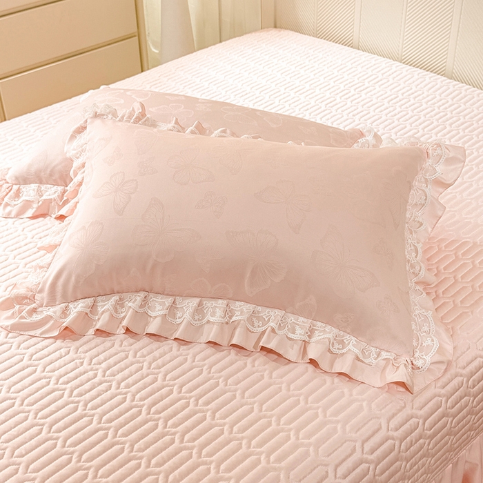 91家纺网 家纺一手货源 找家纺 优贝家纺 2026春夏新款提花水洗天丝冰丝天丝韩版夹棉床盖四件套 蝶舞-蜜桃粉