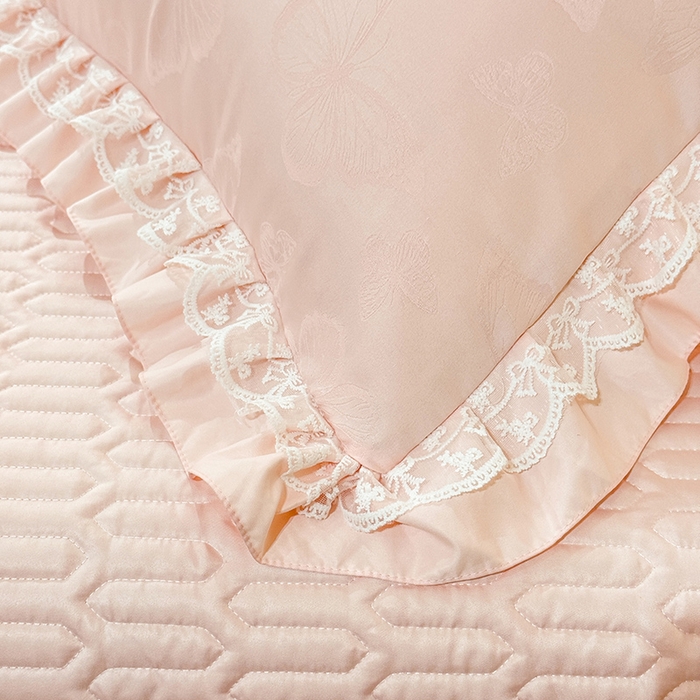 91家纺网 家纺一手货源 找家纺 优贝家纺 2026春夏新款提花水洗天丝冰丝天丝韩版夹棉床盖四件套 蝶舞-蜜桃粉