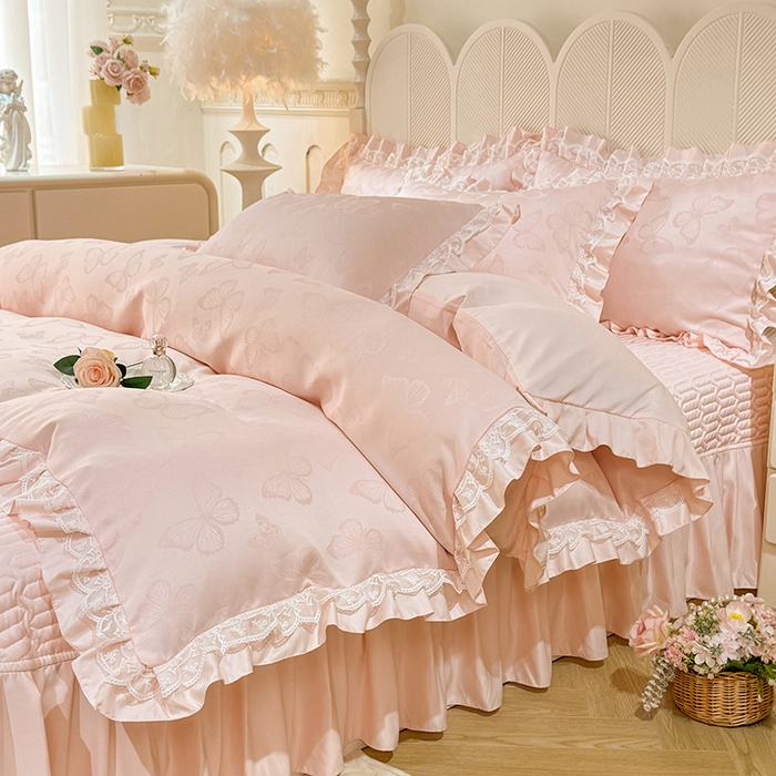 91家纺网 家纺一手货源 找家纺 优贝家纺 2026春夏新款提花水洗天丝冰丝天丝韩版夹棉床盖四件套 蝶舞-蜜桃粉