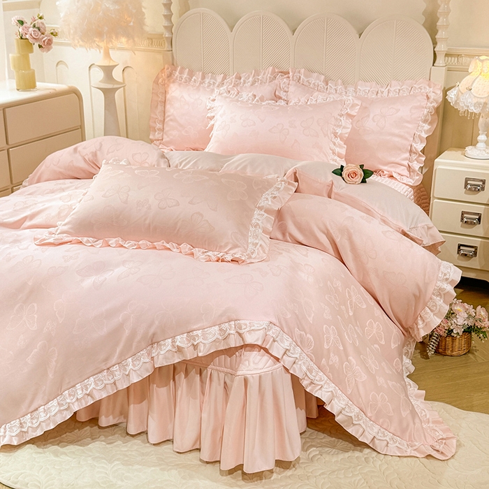 91家纺网 家纺一手货源 找家纺 优贝家纺 2026春夏新款提花水洗天丝冰丝天丝韩版夹棉床盖四件套 蝶舞-蜜桃粉