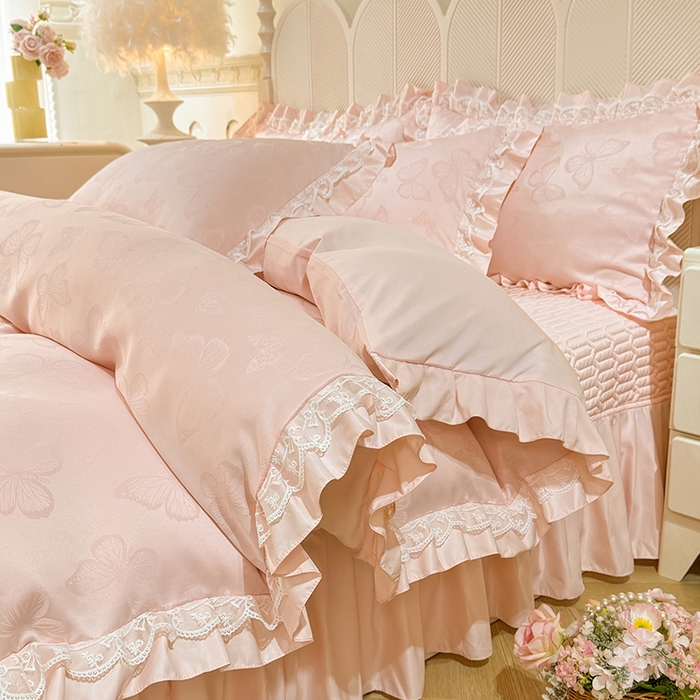 91家纺网 家纺一手货源 找家纺 优贝家纺 2026春夏新款提花水洗天丝冰丝天丝韩版夹棉床盖四件套 蝶舞-蜜桃粉