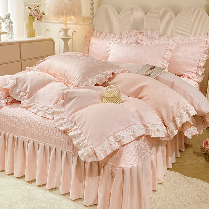 91家纺网 家纺一手货源 找家纺 优贝家纺 2026春夏新款提花水洗天丝冰丝天丝韩版夹棉床盖四件套 蝶舞-蜜桃粉