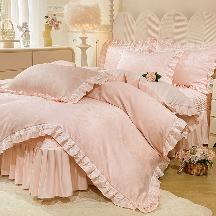 91家纺网 家纺一手货源 找家纺 优贝家纺 2026春夏新款提花水洗天丝冰丝天丝韩版夹棉床盖四件套 蝶舞-蜜桃粉