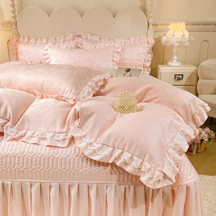 91家纺网 家纺一手货源 找家纺 优贝家纺 2026春夏新款提花水洗天丝冰丝天丝韩版夹棉床盖四件套 蝶舞-蜜桃粉