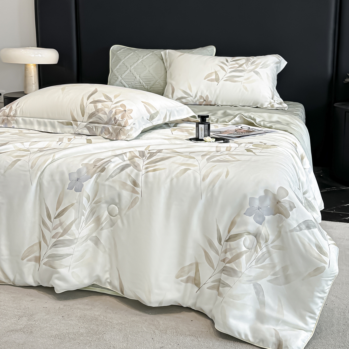 91家纺网 家纺一手货源 找家纺 吾秀家居 2026春夏新款数码印花莱赛尔天丝夏被夏凉被空调被-天印系列 绿色竹影