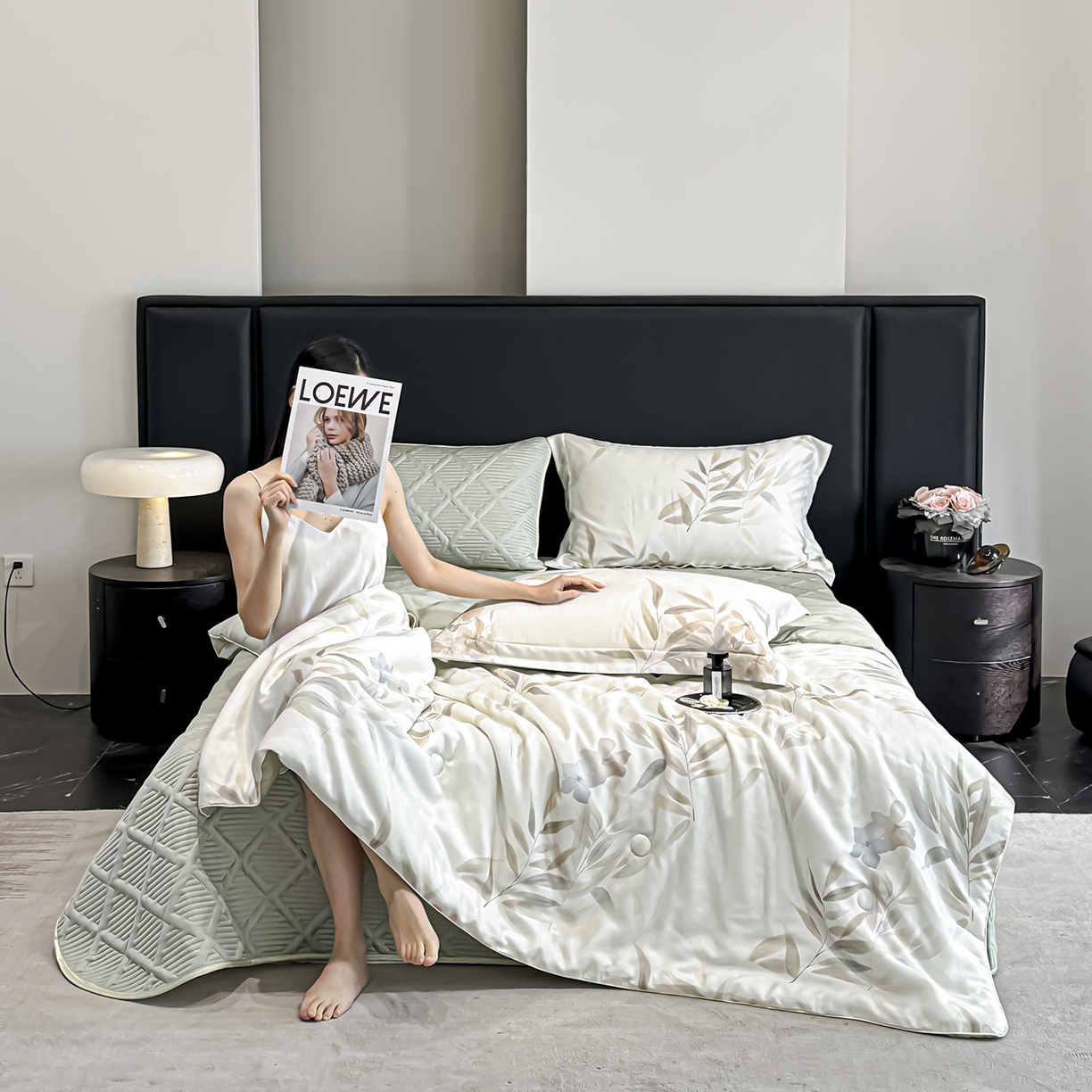 91家纺网 家纺一手货源 找家纺 吾秀家居 2026春夏新款数码印花莱赛尔天丝夏被夏凉被空调被-天印系列 绿色竹影