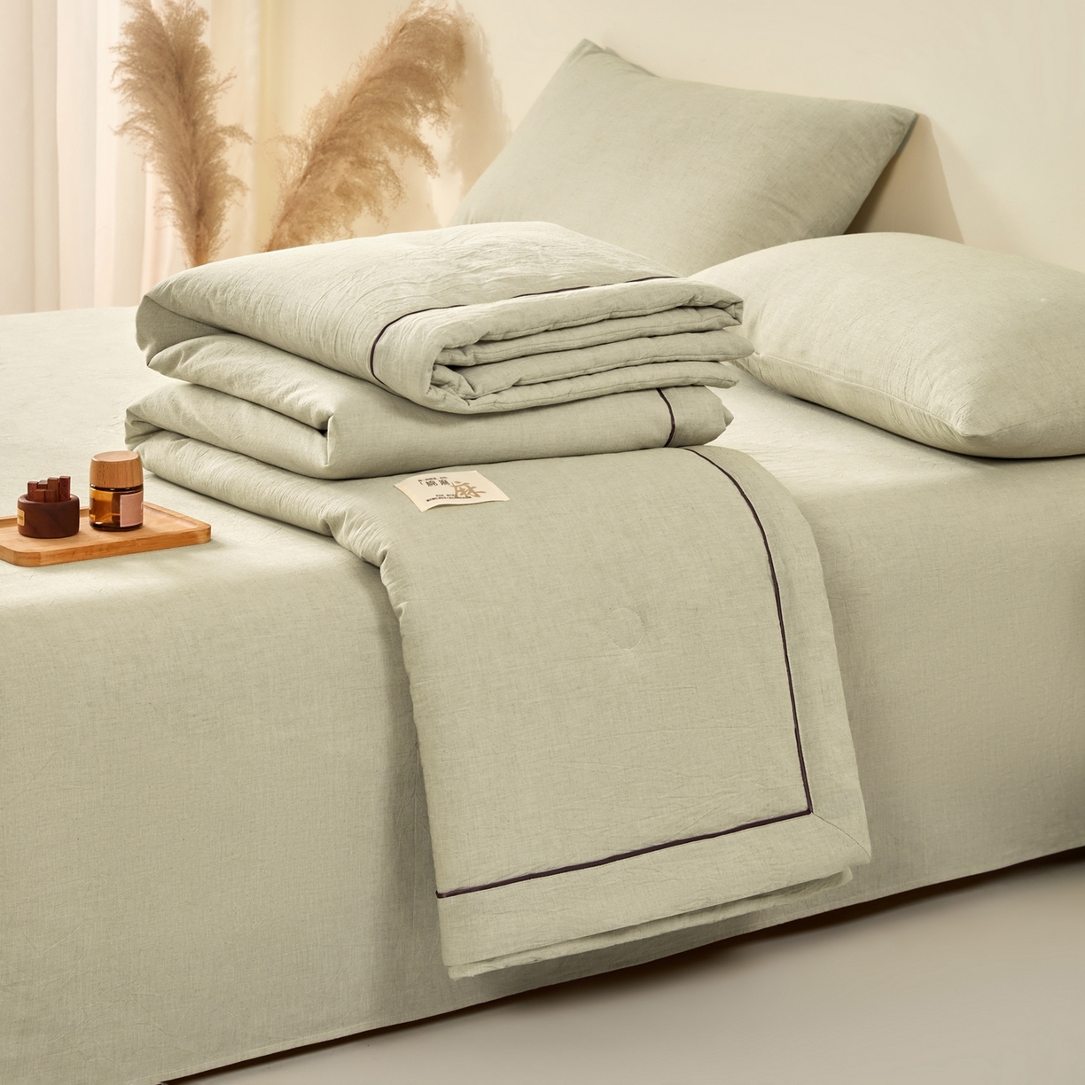 91家纺网 家纺一手货源 找家纺 吾秀家居 2026春夏新款纯色棉麻棉花夏被夏凉被空调被-麻生活系列 麻生活-清绿