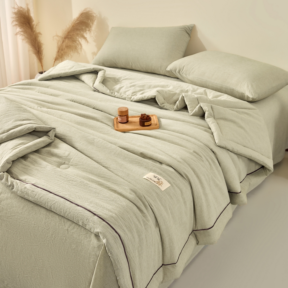 91家纺网 家纺一手货源 找家纺 吾秀家居 2026春夏新款纯色棉麻棉花夏被夏凉被空调被-麻生活系列 麻生活-清绿