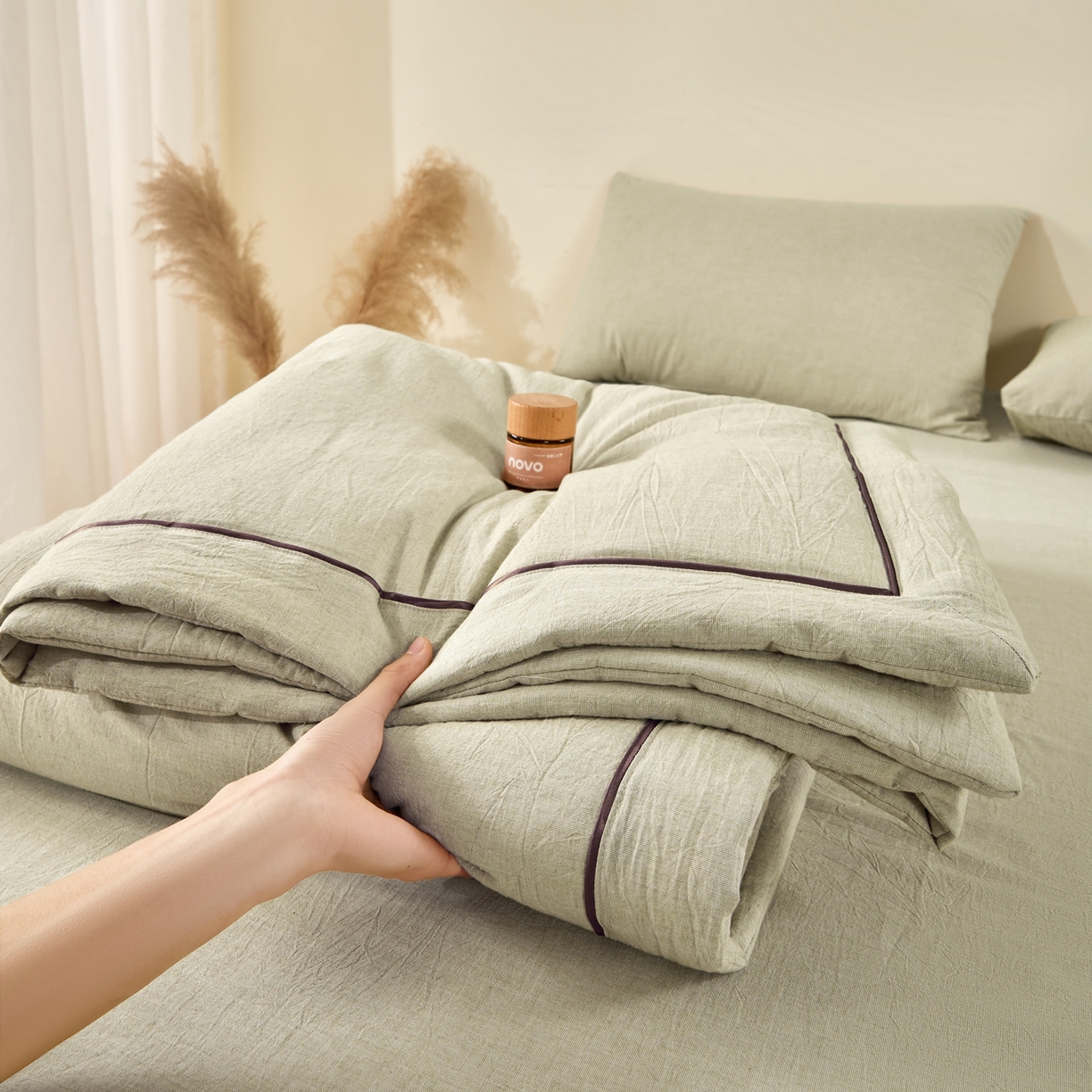 91家纺网 家纺一手货源 找家纺 吾秀家居 2026春夏新款纯色棉麻棉花夏被夏凉被空调被-麻生活系列 麻生活-清绿