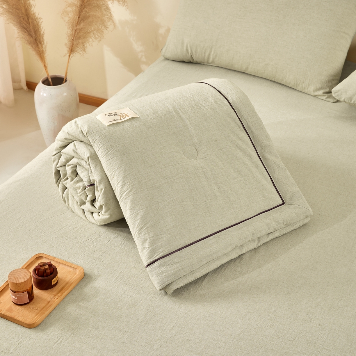 91家纺网 家纺一手货源 找家纺 吾秀家居 2026春夏新款纯色棉麻棉花夏被夏凉被空调被-麻生活系列 麻生活-清绿