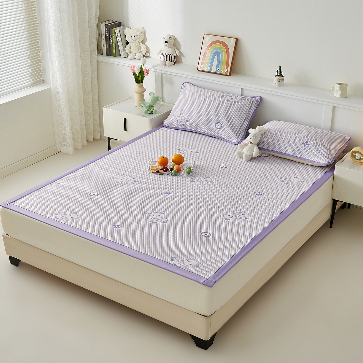 91家纺网 家纺一手货源 找家纺 家品罗兰 2026新款夏季A类冰豆豆凉席冰丝凉席家用双人冰丝席床单可机洗水洗单人学生宿舍夏天空调软席三件套大床 抱抱熊-紫