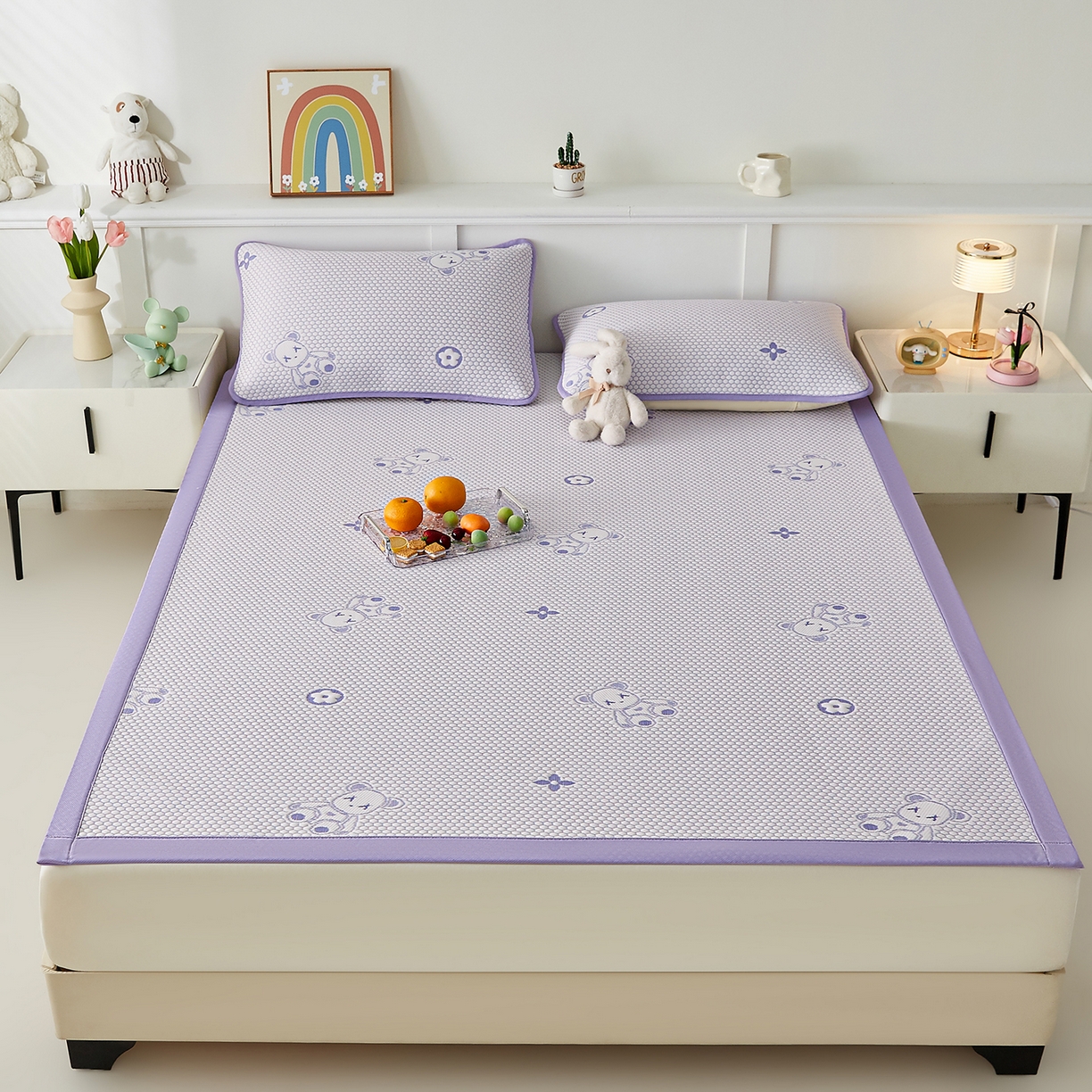 91家纺网 家纺一手货源 找家纺 家品罗兰 2026新款夏季A类冰豆豆凉席冰丝凉席家用双人冰丝席床单可机洗水洗单人学生宿舍夏天空调软席三件套大床 抱抱熊-紫