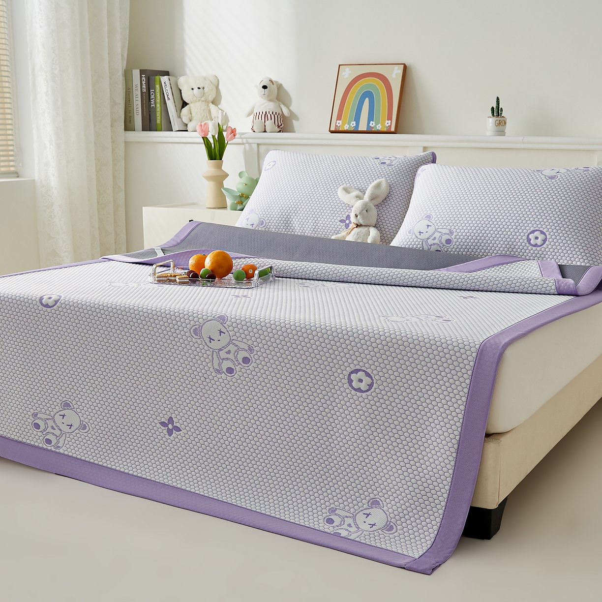 91家纺网 家纺一手货源 找家纺 家品罗兰 2026新款夏季A类冰豆豆凉席冰丝凉席家用双人冰丝席床单可机洗水洗单人学生宿舍夏天空调软席三件套大床 抱抱熊-紫