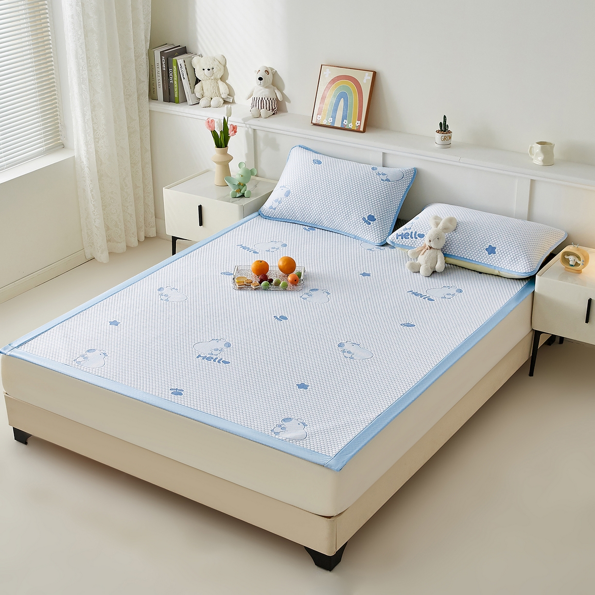 91家纺网 家纺一手货源 找家纺 家品罗兰 2026新款夏季A类冰豆豆凉席冰丝凉席家用双人冰丝席床单可机洗水洗单人学生宿舍夏天空调软席三件套大床 卡皮巴拉-蓝