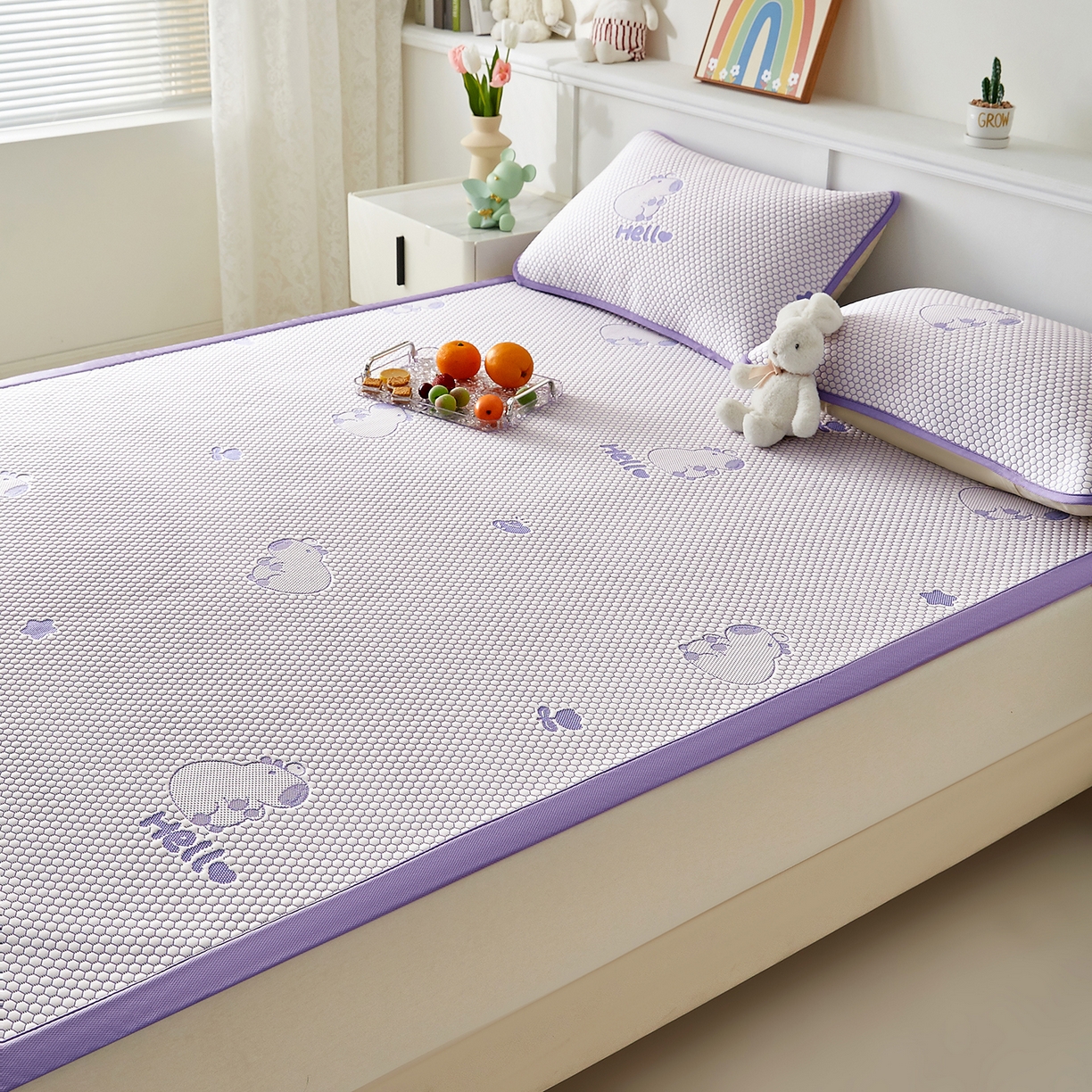 91家纺网 家纺一手货源 找家纺 家品罗兰 2026新款夏季A类冰豆豆凉席冰丝凉席家用双人冰丝席床单可机洗水洗单人学生宿舍夏天空调软席三件套大床 卡皮巴拉-紫