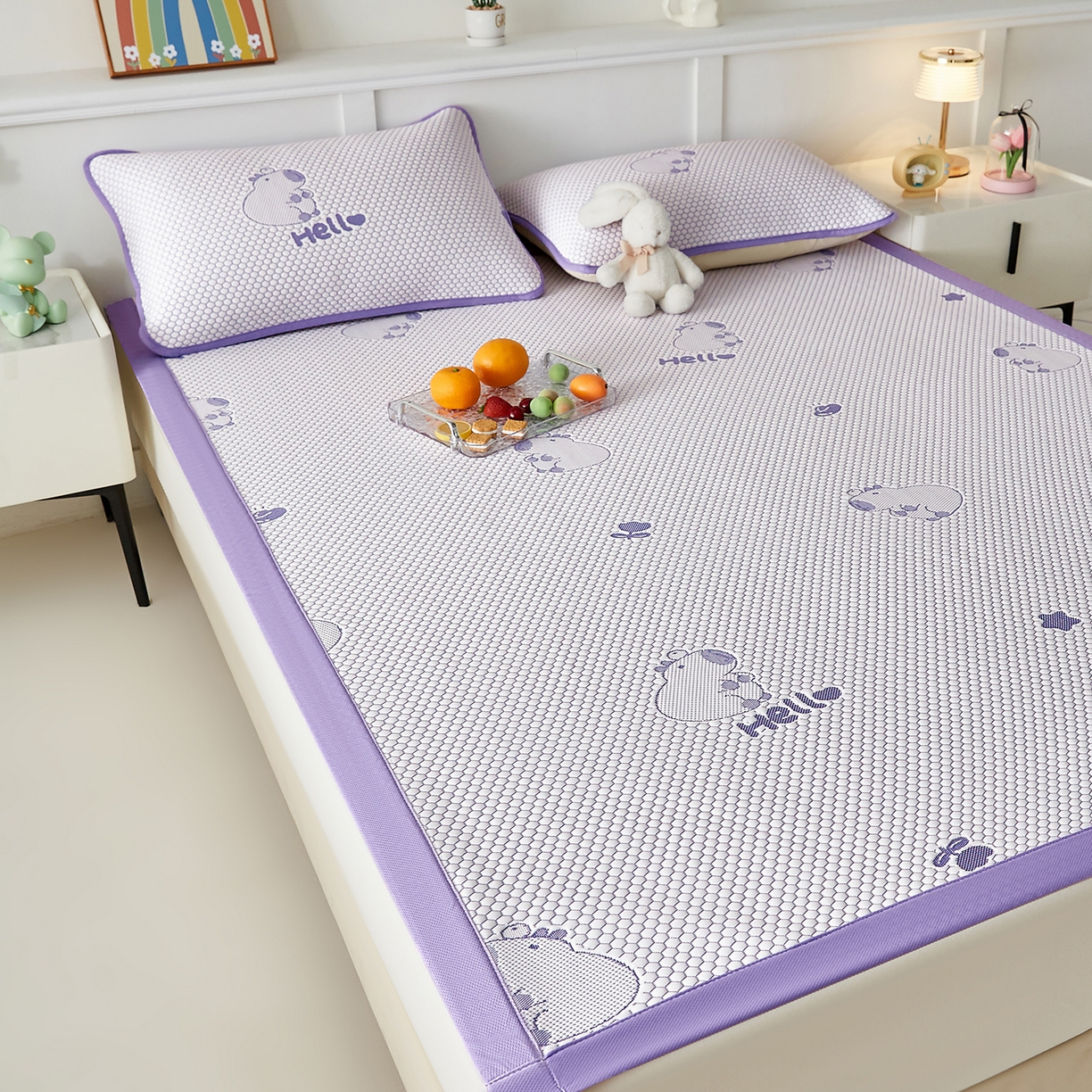 91家纺网 家纺一手货源 找家纺 家品罗兰 2026新款夏季A类冰豆豆凉席冰丝凉席家用双人冰丝席床单可机洗水洗单人学生宿舍夏天空调软席三件套大床 卡皮巴拉-紫