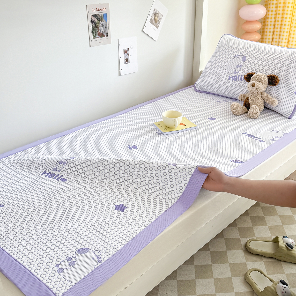 91家纺网 家纺一手货源 找家纺 家品罗兰 2026新款夏季A类冰豆豆凉席冰丝凉席家用双人冰丝席床单可机洗水洗单人学生宿舍夏天空调席三件套学生床 卡皮巴拉-紫