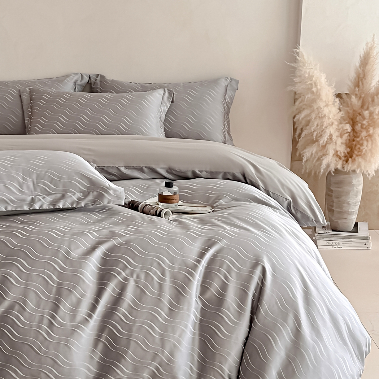 91家纺网 家纺一手货源 找家纺 慕晨 2026新款全棉纯棉文艺质感高级提花高精密四件套高端纯棉4件套直播热款 柔美-灰