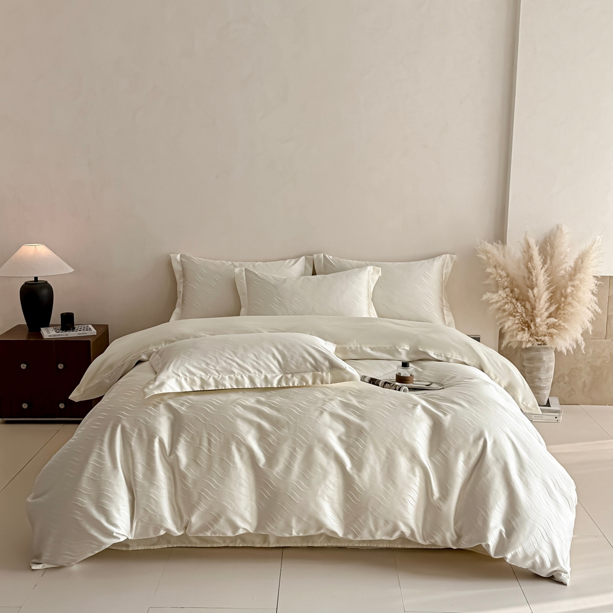 91家纺网 家纺一手货源 找家纺 慕晨 2026新款全棉纯棉文艺质感高级提花高精密四件套高端纯棉4件套直播热款 柔美-白