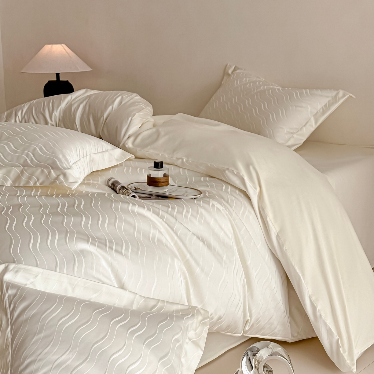 91家纺网 家纺一手货源 找家纺 慕晨 2026新款全棉纯棉文艺质感高级提花高精密四件套高端纯棉4件套直播热款 柔美-白